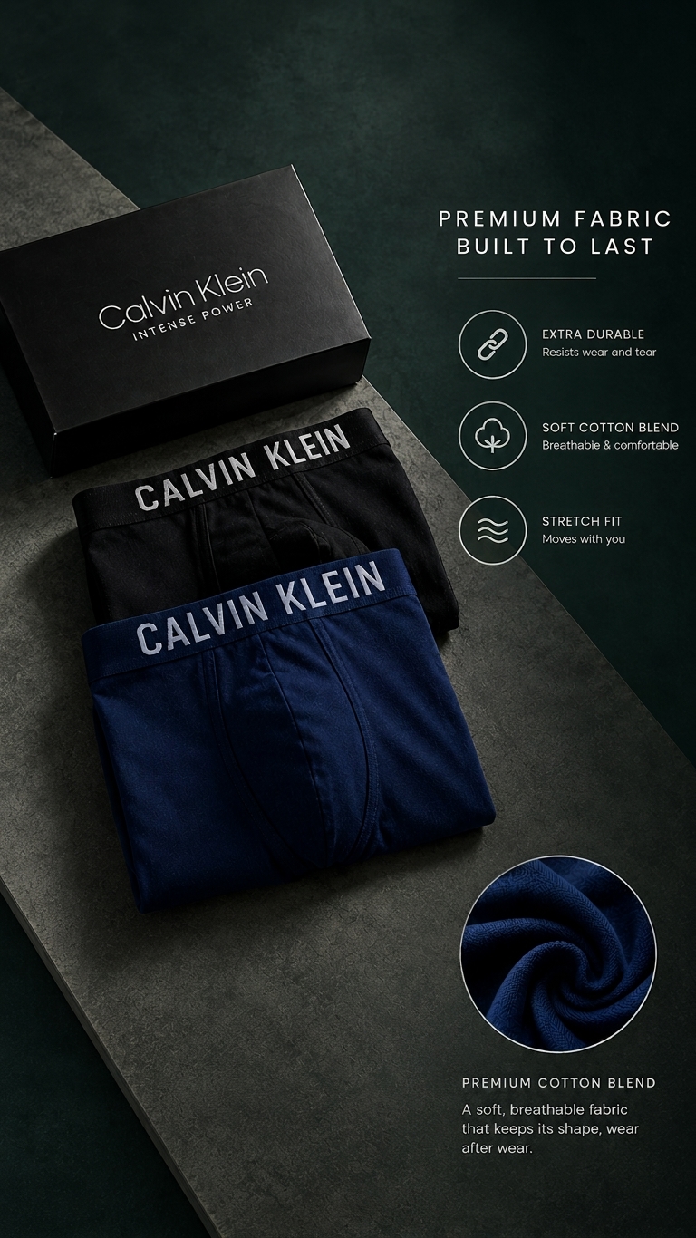 Calvin Klein Intense Power box with folded boxer briefs and a close-up of the fabric