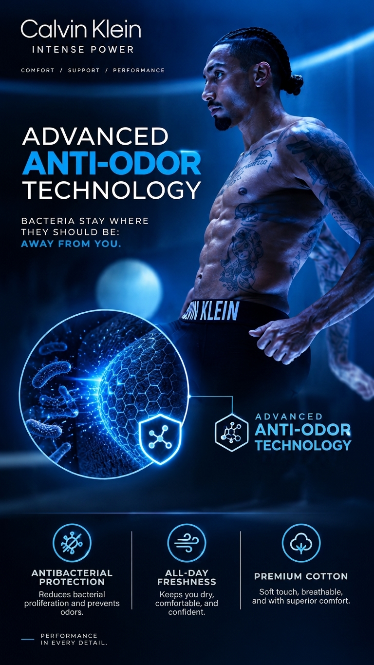 Model wearing the Intense Power boxer briefs with a magnified view of the antibacterial fabric barrier