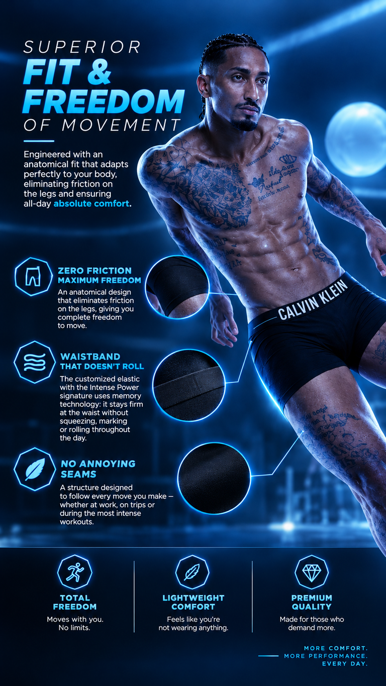 Model striding in the black Intense Power boxer briefs in a stadium lit in blue, with close-ups of the hem, the waistband and the fabric